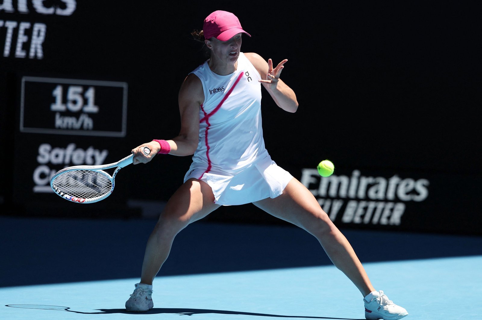 Poland's Iga Swiatek hits a return against USA's Sofia Kenin during their women's singles match on Day 3 of the Australian Open tennis tournament, Melbourne, Australia, Jan. 16, 2024. (AFP Photo)