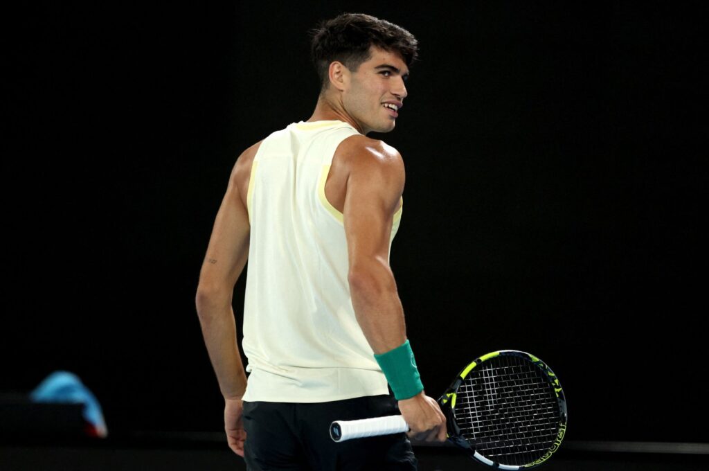 Spain's Carlos Alcaraz reacts on a point against France's Richard Gasquet during their men's singles match on Day Three of the Australian Open tennis tournament, Melbourne, Australia, Jan. 16, 2024. (AFP Photo)