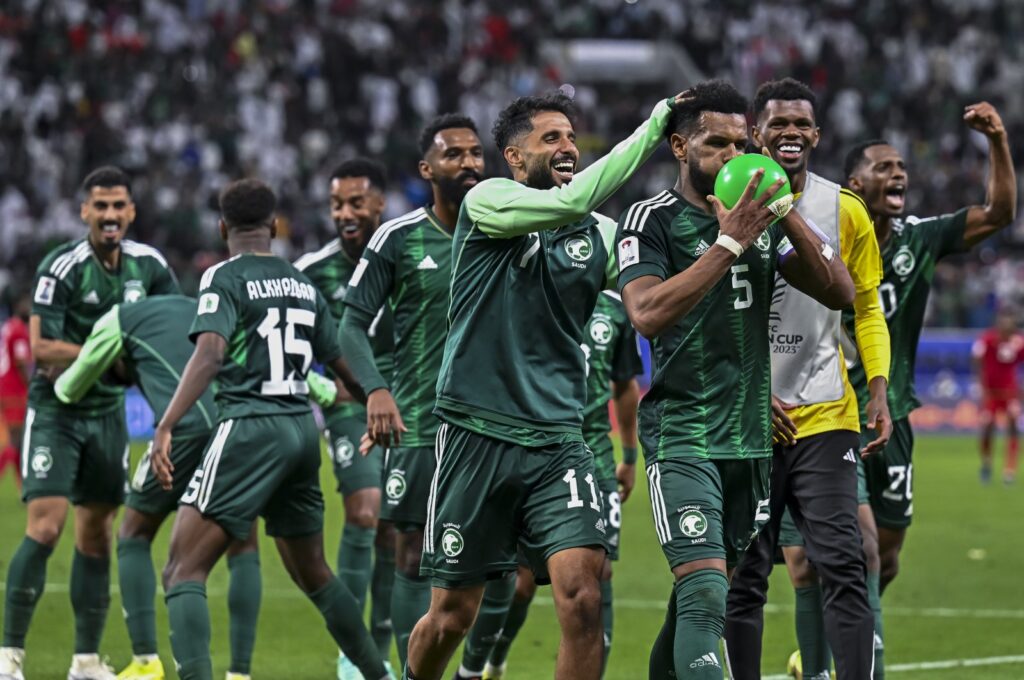 Saudi Arabia players celebrate the second goal during the AFC Asian Cup 2023 match against Oman at Khalifa International Stadium, Doha, Qatar, Jan. 16, 2024. (Getty Images Photo)