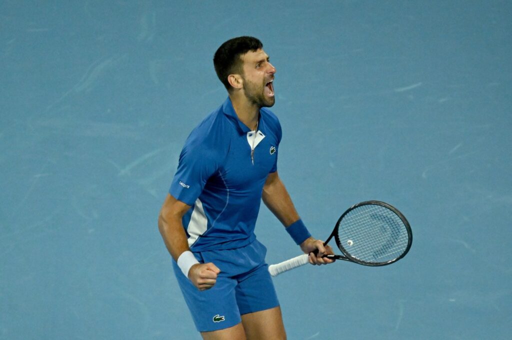 Serbia's Novak Djokovic celebrates match point during his Round 2 win over Alexei Popyrin of Australia on Day 4 of the 2024 Australian Open at Melbourne Park, Melbourne, Australia, Jan. 17, 2024. (EPA Photo)