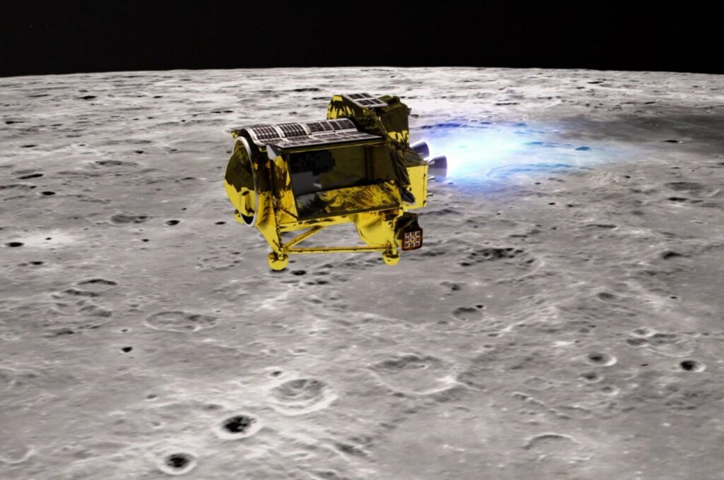 An undated handout image made available by the Japan Aerospace Exploration Agency (JAXA) on Jan. 20, 2024 shows an artist's illustration of the SLIM (Smart Lander for Investigating Moon) cruising over the moon. (EPA Photo)