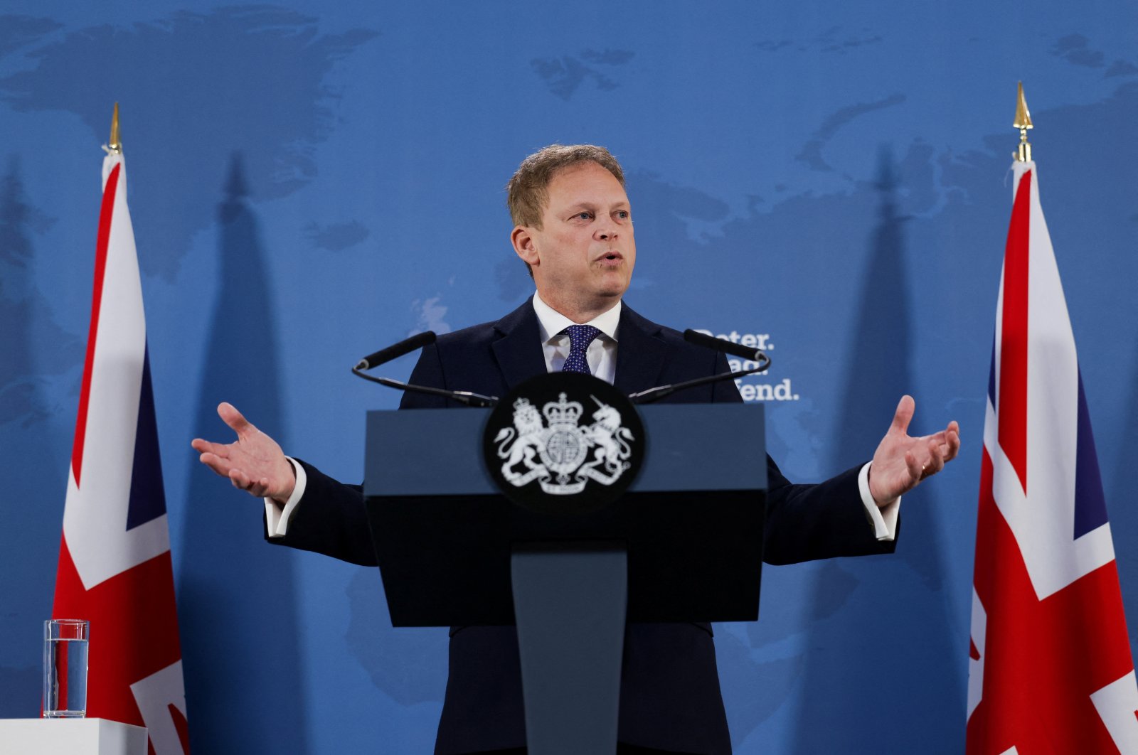 Britain's Secretary of State for Defense Grant Shapps gives a speech at Lancaster House, London, U.K, Jan. 15, 2024. (Reuters Photo)