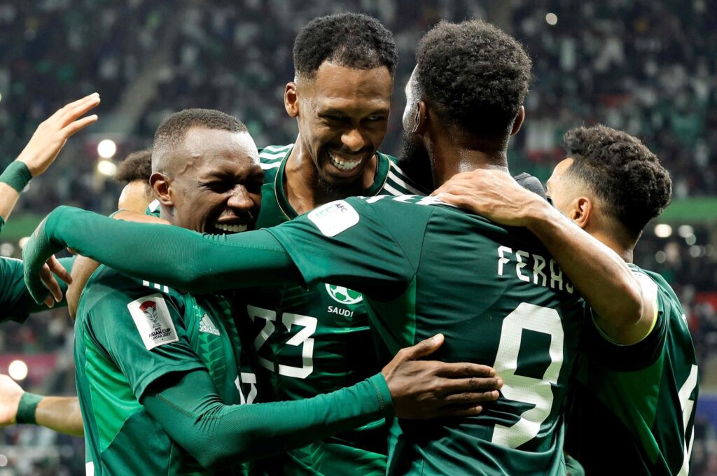 Saudi Arabia players celebrate after scoring their first goal during the Qatar 2023 AFC Asian Cup Group F match against Kyrgyzstan, Ahmad Bin Ali Stadium, al-Rayyan, Doha, Qatar, Jan. 21, 2024. (AFP Photo)