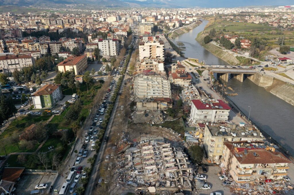 An aerial view shows collapsed and damaged buildings following an earthquake in Hatay, southeastern Türkiye, Feb. 7, 2023. (Reuters Photo)