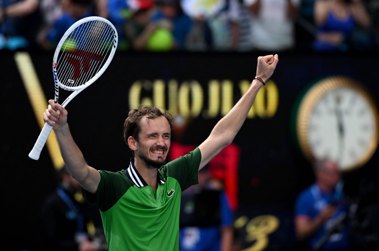 Russia's Daniil Medvedev celebrates victory against Poland's Hubert Hurkacz after their men's singles quarterfinal match on Day 11 of the Australian Open tennis tournament, Melbourne, Australia, Jan. 24, 2024. (AFP Photo)