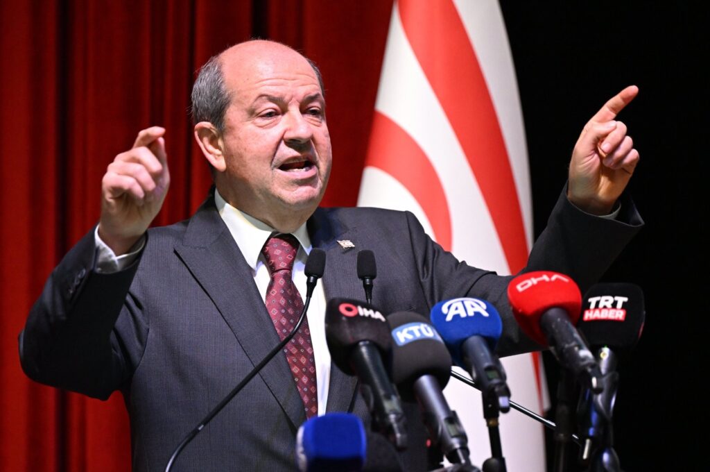 Turkish Republic of Northern Cyprus (TRNC) President Ersin Tatar speaks at Karadeniz Technical University (KTÜ), Trabzon, Türkiye, Jan.19, 2024. (AA Photo)