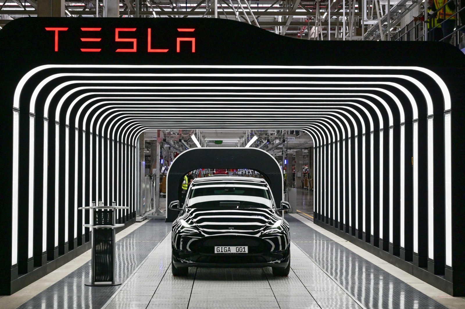 An electric vehicle of the model Y is pictured during the start of production at Tesla's "Gigafactory" in Gruenheide, southeast of Berlin, Germany, March 22, 2022. (AFP Photo)