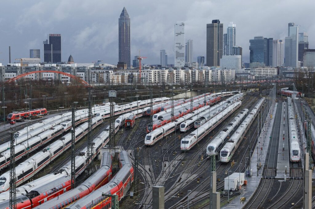 Local trains stand in front of the Main train station during a German Train Drivers' Union (GDL) strike in Frankfurt, Germany, Jan. 24, 2024. (EPA Photo)