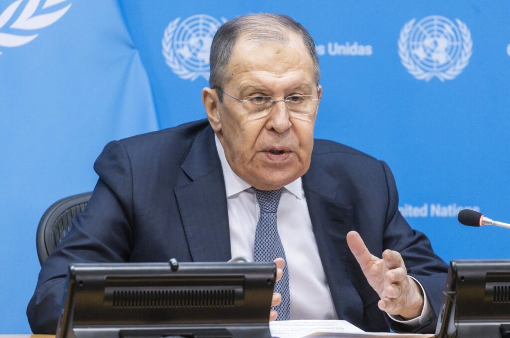 Russia's Foreign Minister Sergei Lavrov speaks to reporters during a news conference at United Nations headquarters in New York, Jan. 24, 2024.  (EPA Photo)