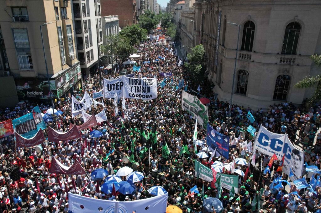 An aerial view of people taking part in a demonstration during a national strike against the government of President Javier Milei in Cordoba, Argentina, Jan. 24, 2024. (AFP Photo)