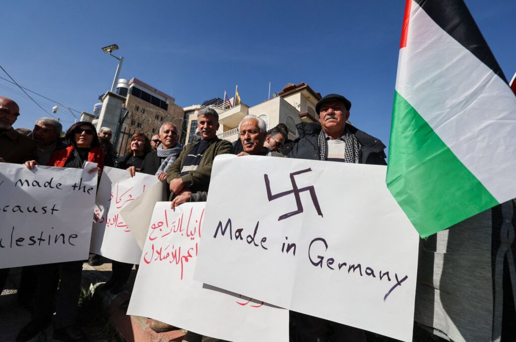 Palestinians protest in front of the German representation in the city of Ramallah, against what they call "Germany’s policy of supporting Israel in the war on Gaza", Jan. 18, 2024. (AFP Photo)