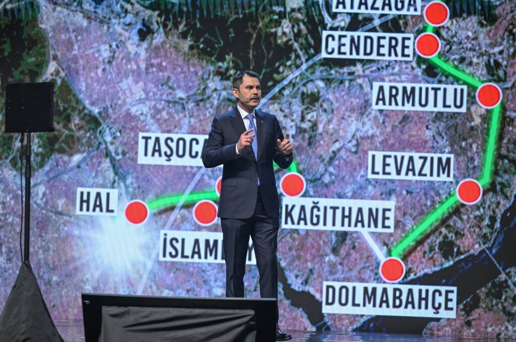 Murat Kurum, mayoral candidate of the ruling People's Alliance in the upcoming local elections, speaks as he reveals his election promises for the city while the screen behind him shows his proposed metro line, Istanbul, Türkiye, Jan. 25, 2024. (AA Photo)