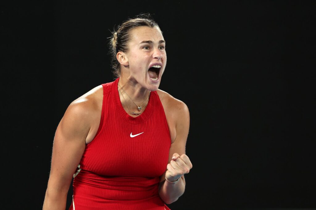 Aryna Sabalenka celebrates a point in their semifinal singles match against Coco Gauff of the United States during the 2024 Australian Open at Melbourne Park, Melbourne, Australia, Jan. 25, 2024. (Getty Images)