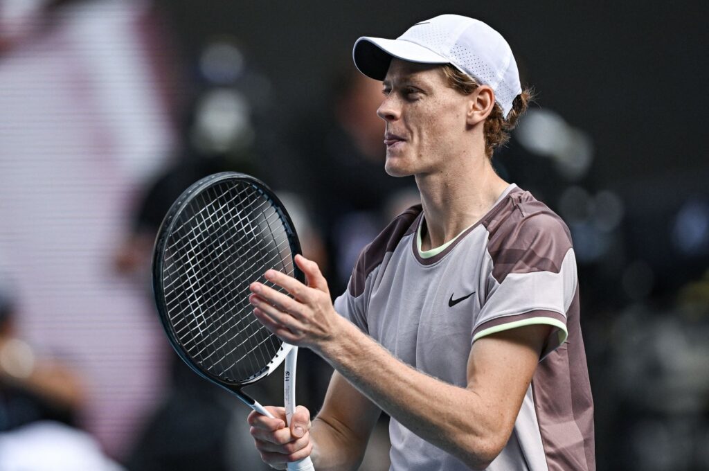 Italy's Jannik Sinner celebrates victory against Serbia's Novak Djokovic during their men's singles semifinal match on Day 13 of the Australian Open, Melbourne, Australia, Jan. 26, 2024. (AFP Photo)