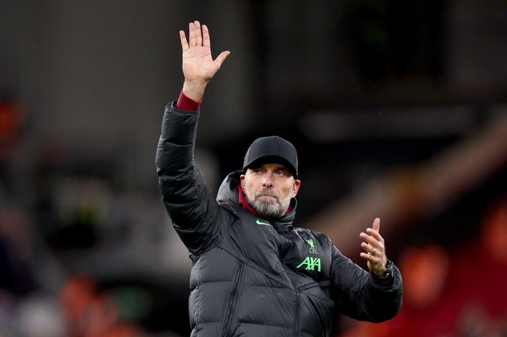 Liverpool manager Jurgen Klopp waves to fans at the end of the English Premier League match against Arsenal, Liverpool, U.K., Dec. 23, 2023. (EPA Photo)
