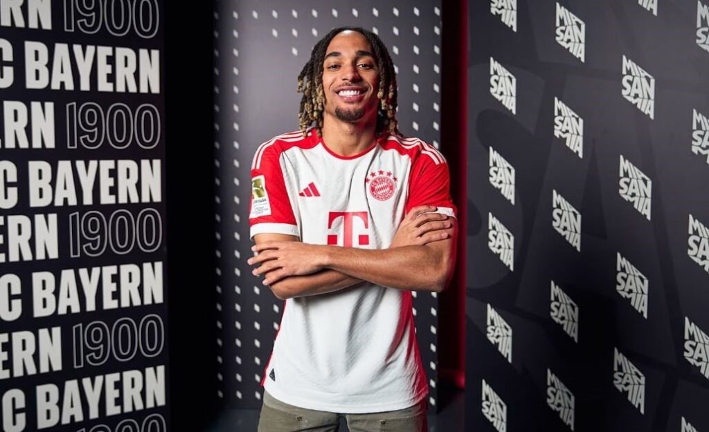 French defender Sacha Boey poses in a Bayern Munich shirt, Munich, Germany, Jan. 28, 2024. (IHA Photo)