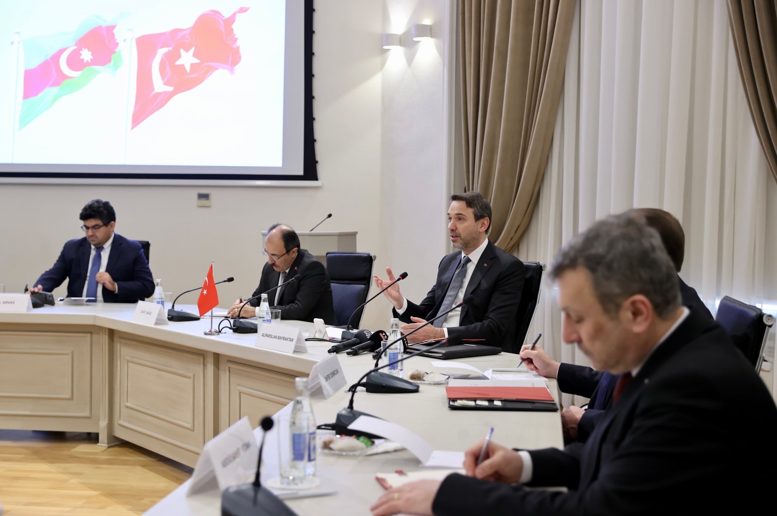 Energy and Natural Resources Minister Alparslan Bayraktar (3rd R) speaks during a meeting with his Azerbaijani counterpart Perviz Shahbazov (not pictured), Baku, Azerbaijan, Jan. 27, 2024. (IHA Photo)