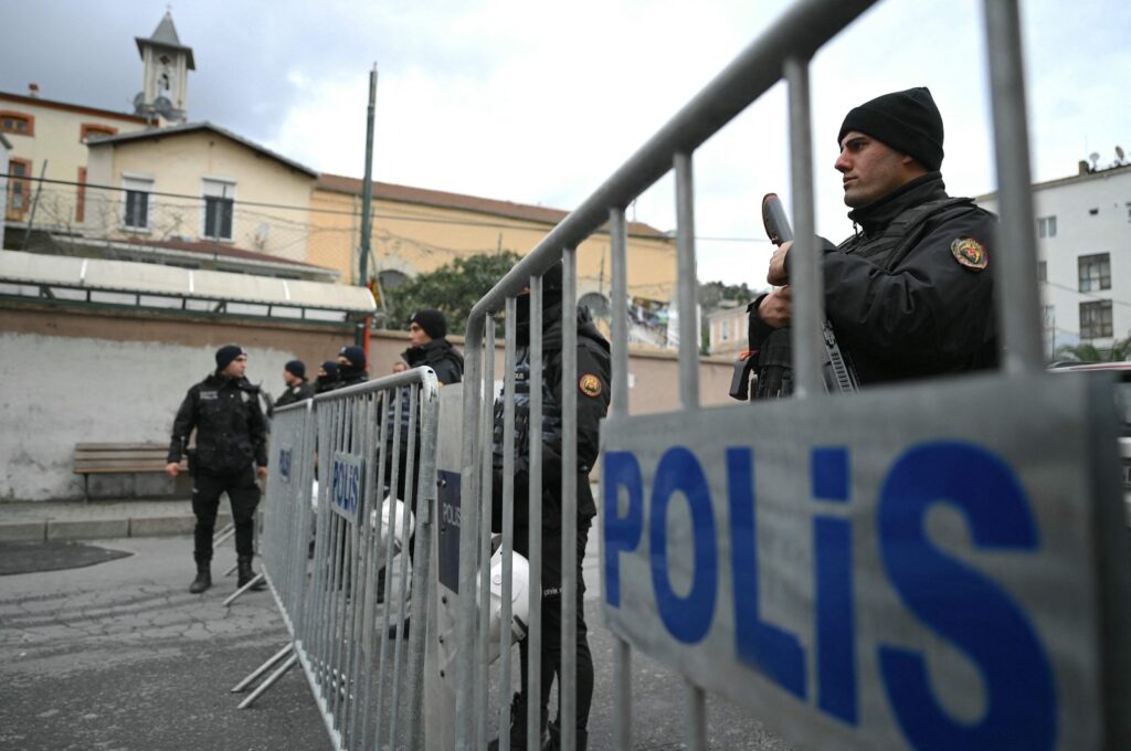 Turkish anti-riot police officers block the street of the Roman Catholic Church of Santa Maria Draperis after an attack left one dead, Istanbul, Türkiye, Jan. 28, 2024. (AFP Photo)