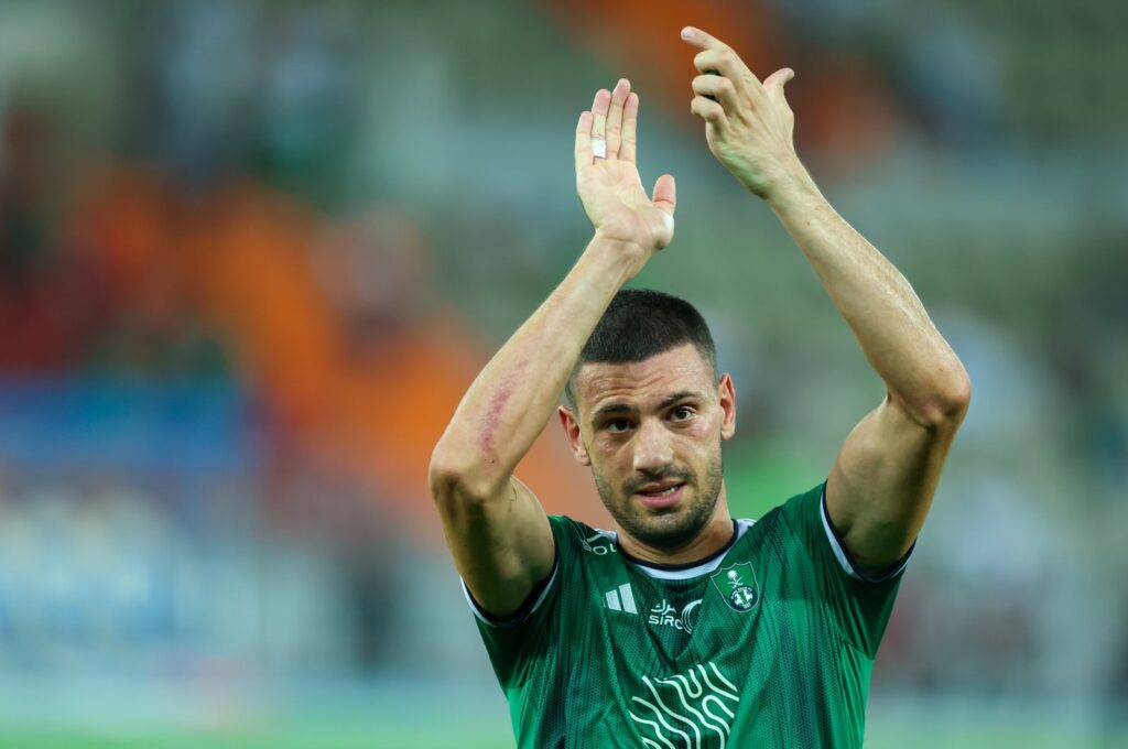 Al-Ahli's Merih Demiral celebrates victory after the Saudi Pro League match against Al-Tai at Prince Abdullah Al Faisal Stadium, Jeddah, Saudi Arabia, Aug. 29, 2023. (Getty Images Photo)