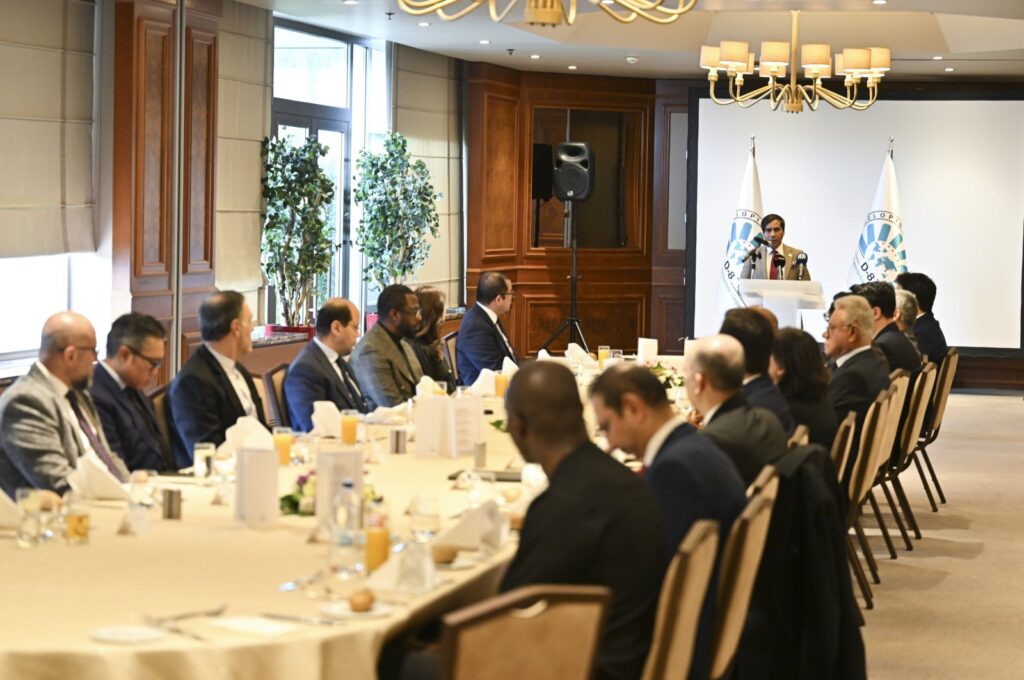 D-8 Secretary-General Isiaka Abdulqadir Imam is seen speaking to organization and media representatives in the capital Ankara, Türkiye, Jan. 29, 2024. (AA Photo)