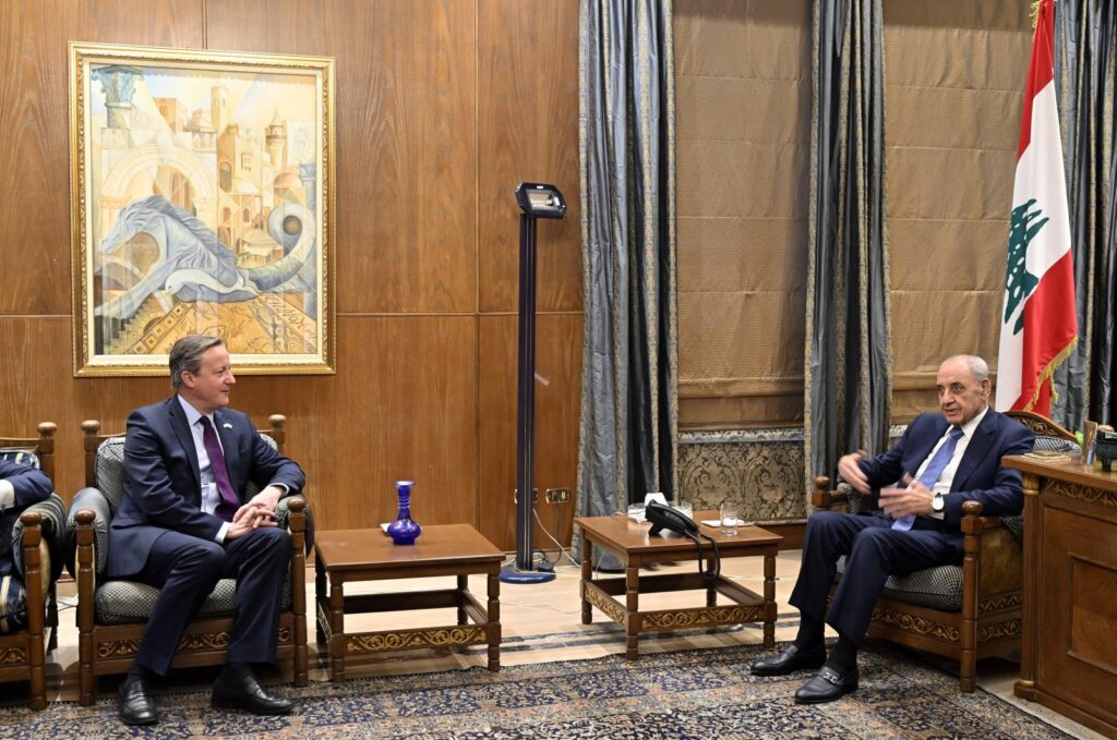 Lebanese Parliament Speaker Nabih Berri (R) meets with British Secretary of State for Foreign, Commonwealth and Development Affairs David Cameron (L) in Beirut, Lebanon, Feb. 1, 2024. (EPA Photo)