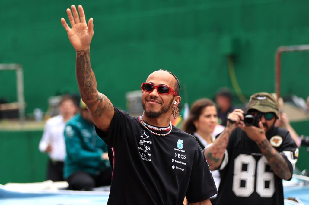 Lewis Hamilton waves to the crowd on the drivers' parade prior to the F1 Grand Prix of Brazil, Autodromo Jose Carlos Pace, Sao Paulo, Brazil, Nov. 5, 2023. (Getty Images Photo)