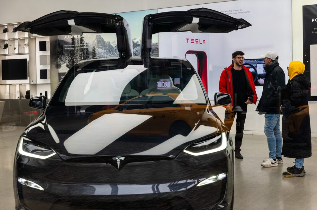 Tesla vehicles are displayed in a Manhattan showroom on Jan. 24, 2024. (Getty Images via AFP)
