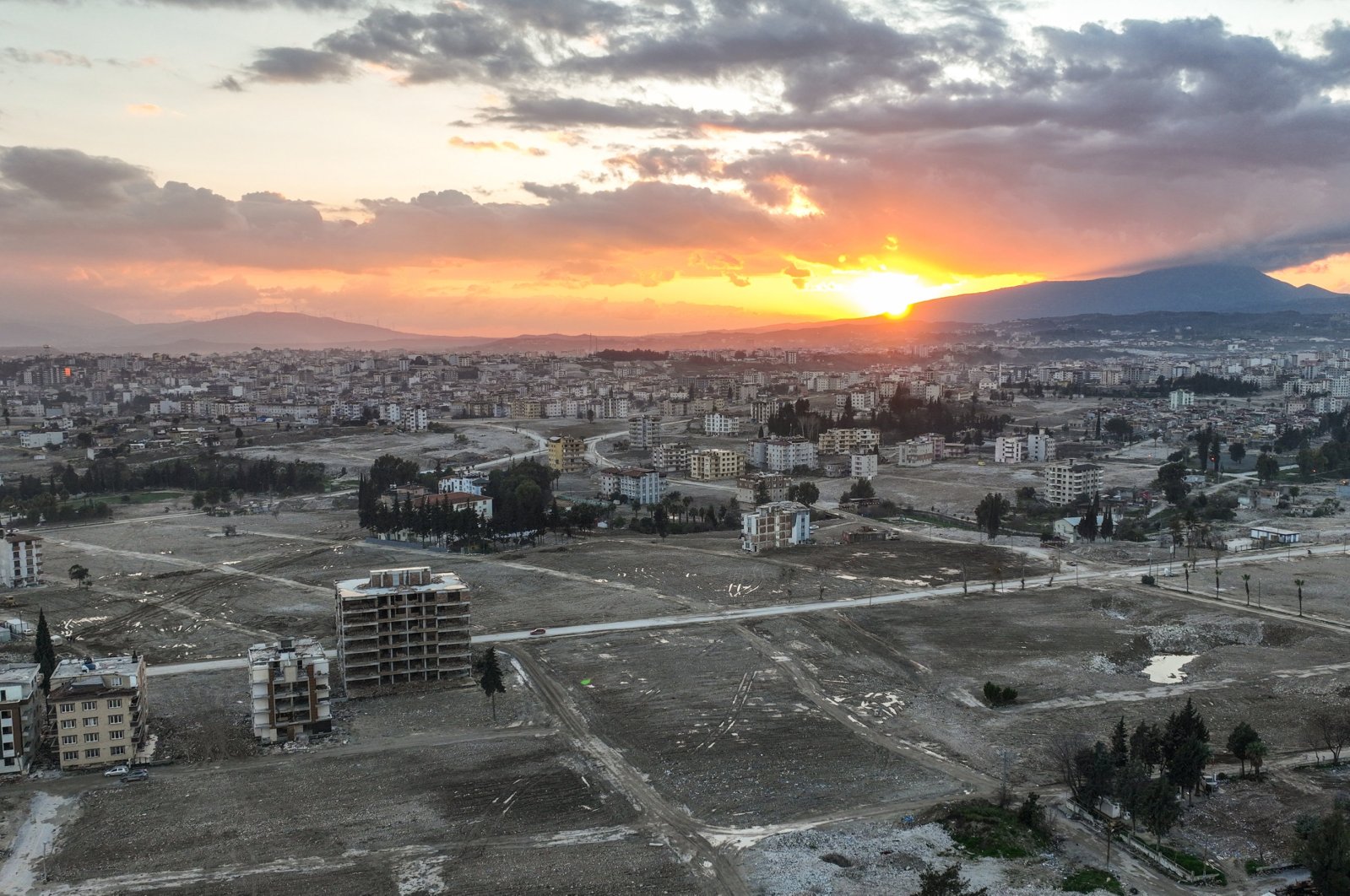 An aerial picture taken by a drone shows a view of the city center almost one year after a deadly earthquake in Hatay, Türkiye, Feb. 2, 2024. (EPA Photo)