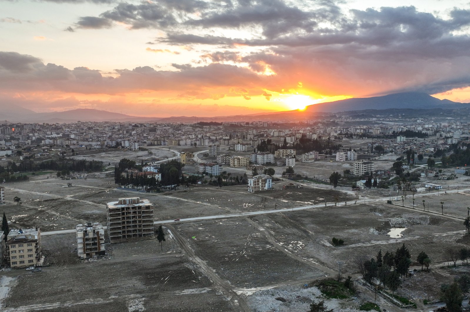 An aerial picture taken by a drone shows a view of the city center almost one year after a deadly earthquake in Hatay, Türkiye, Feb. 2, 2024. (EPA Photo)