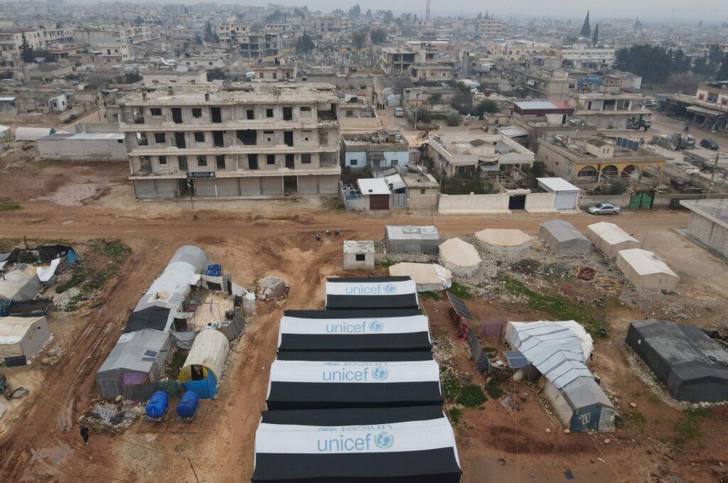 An aerial view shows U.N. children's agency UNICEF tents in the foreground for the displaced in the town of Jindayris northwest of Aleppo province on Feb.1, 2024. (AFP Photo)