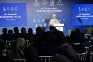 First lady Emine Erdoğan speaks at Vefahane senior's complex in Istanbul, Türkiye, Feb. 2, 2024. (AA Photo)