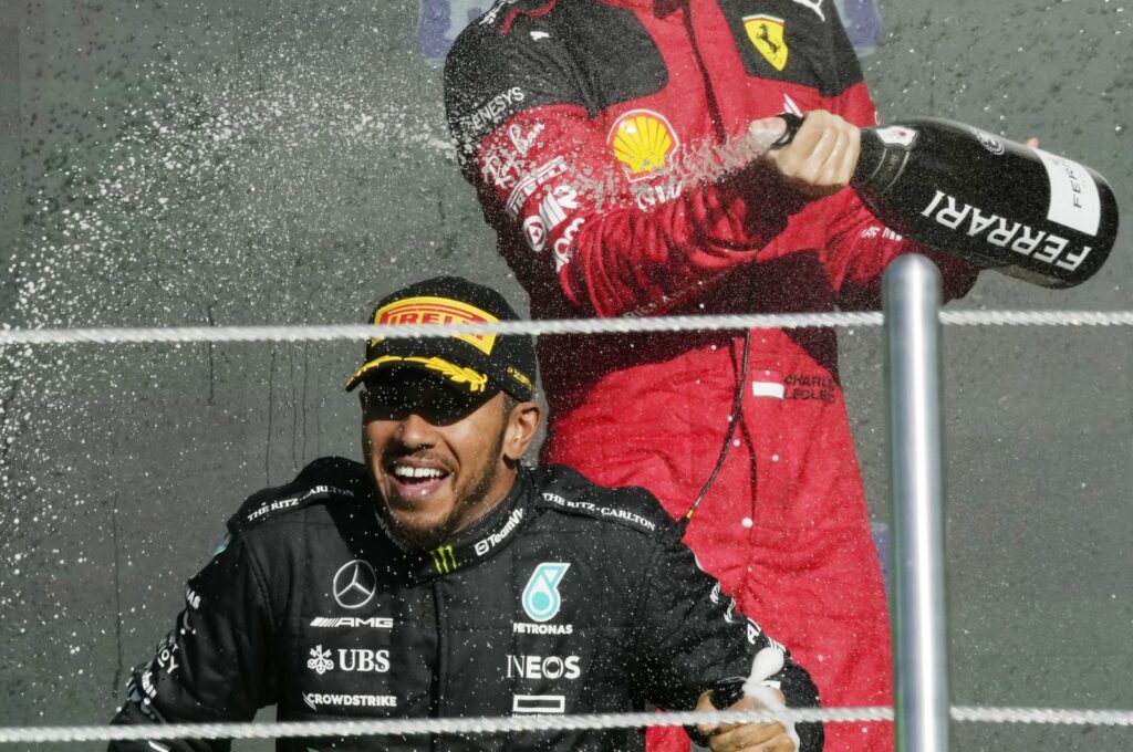 Mercedes driver Lewis Hamilton (C) and Ferrari driver Charles Leclerc of Monaco celebrate on the podium for the Formula One Mexico Grand Prix, Hermanos Rodriguez racetrack, Mexico City, Mexico, Oct. 29, 2023. (AP Photo)