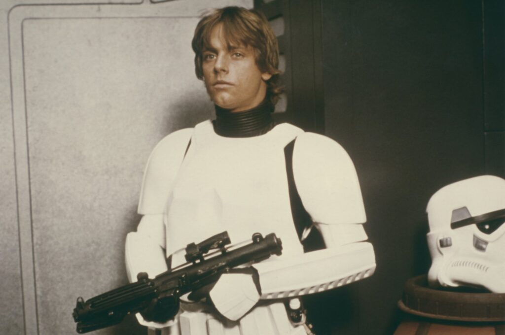 Mark Hamill as Luke Skywalker disguised as a stormtrooper in a scene from "Star Wars Episode IV: A New Hope," 1977. (Getty Images Photo)