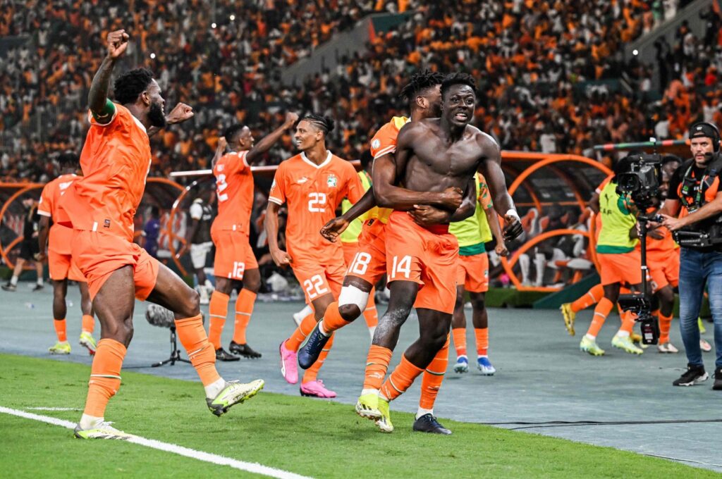 Ivory Coast players celebrate after a goal during the AFCON 2024 quarterfinal match against Mali at the Stade de la Paix, Bouake, Ivory Coast, Feb. 3, 2024. (AFP Photo)