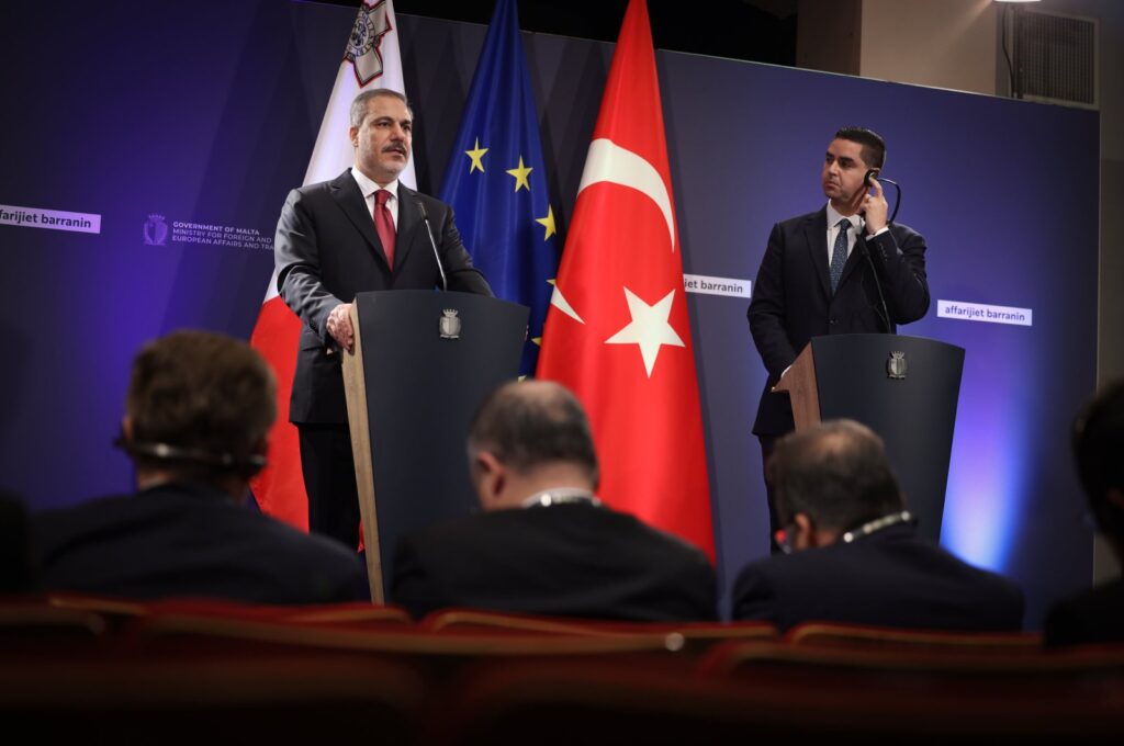 Foreign Minister Hakan Fidan (L) speaks at a news conference with Maltese Foreign Minister Ian Borg, Valletta, Malta, Feb. 6, 2024. (AA Photo)