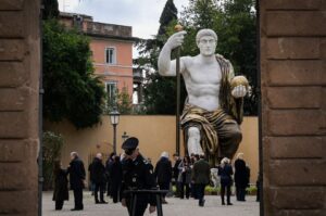 People attend the press preview of the reconstructed monumental statue depicting Roman Emperor Constantine the Great (272-337), the Colossus of Constantine, at the Capitoline Museums in the garden of Villa Caffarelli in Rome, Italy, Feb. 6, 2024. (AFP Photo)