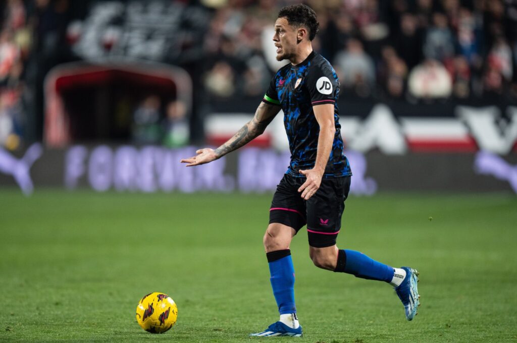 Sevilla's Lucas Ocampos in action during the La Liga match against Rayo Vallecano at Estadio de Vallecas, Madrid, Spain, Feb. 5, 2024. (Getty Images Photo)