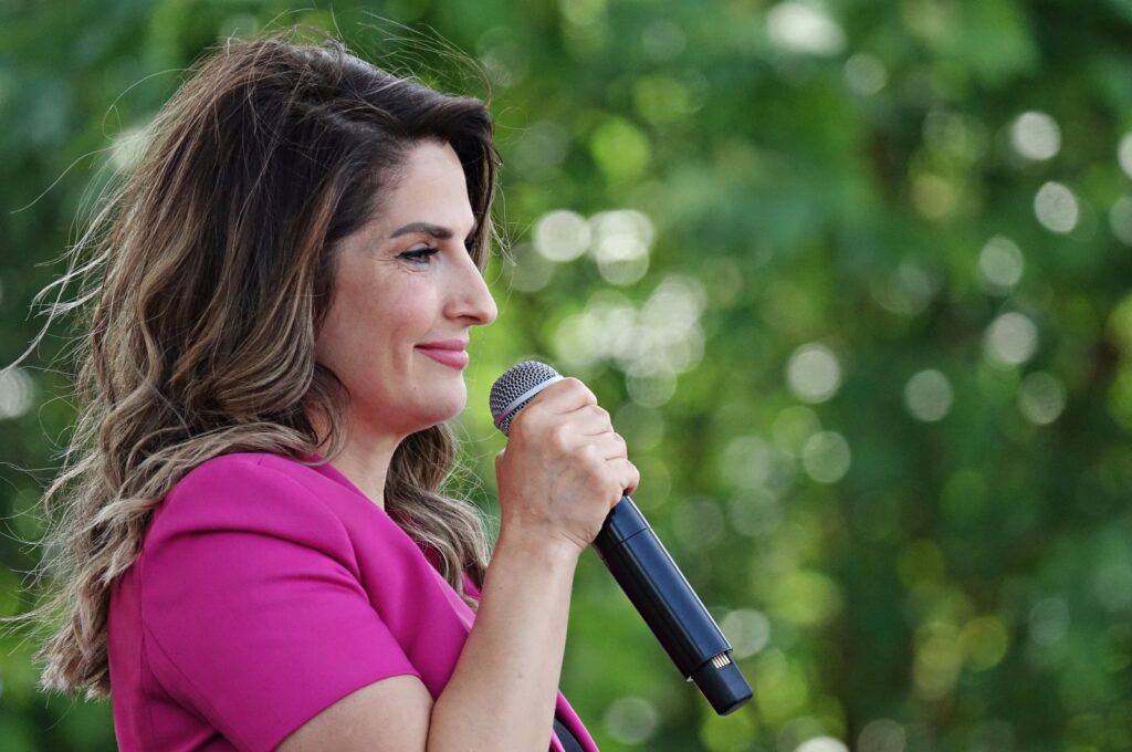 Başak Demirtaş, the wife of Selahattin Demirtaş, is seen speaking at the Green Left Party's (YSP) rally in the Diyarbakır province, Türkiye, May 13, 2023. (Getty Images Photo) 