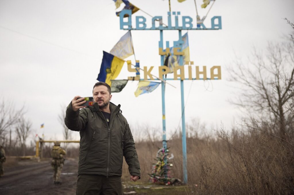 This file photo shows Ukrainian President Volodymyr Zelenskyy during a visit to Avdiivka, eastern Ukraine, Dec. 29, 2023. (AP Photo)