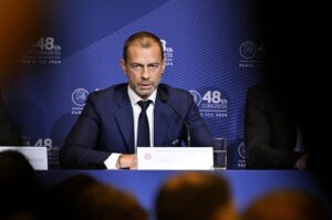 UEFA President Aleksander Ceferin speaks to the media during the 48th UEFA Ordinary Congress Press Conference at Maison De La Mutualite, Paris, France, Feb. 8, 2024. (Getty Images Photo)