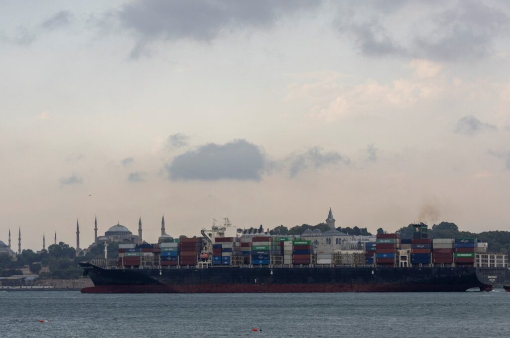 Hong-Kong-flagged container ship Joseph Schulte transits Bosporus in Istanbul, Türkiye, Aug. 18, 2023. (Reuters Photo)