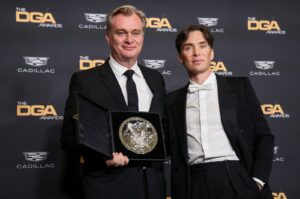 Director Christopher Nolan poses with the nominee plaque with actor Cillian Murphy at the 76th Annual Directors Guild of America Awards, Beverly Hills, California, U.S., Feb. 10, 2024. (Reuters Photo)