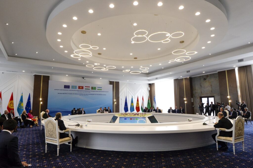 (Clockwise from front L) Uzbek President Shavkat Mirziyoyev, President of the European Council Charles Michel, Kyrgyz President Sadyr Japarov, Kazakh President Kassym-Jomart Tokayev, Tajik President Emomali Rahmon, and Turkmen Deputy Chairperson of the Cabinet of Ministers Nurmukhammet Amannepesov attend the meeting of the Heads of State of Central Asia and the European Council in Cholpon-Ata, near the Issyk-Kul lake, Kyrgyzstan, June 2, 2023. (AP Photo)