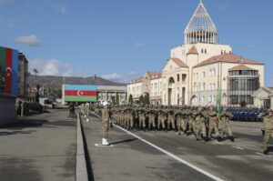 Azerbaijani officers attend a military parade marking the third anniversary of the victory in the Karabakh war, Khankendi, Azerbaijan, Nov. 8, 2023. (EPA Photo)