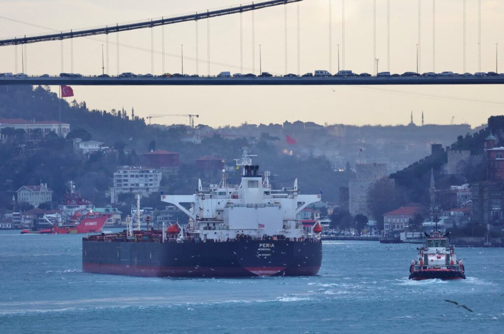 A Liberia-flagged tanker transits the Bosporus, Istanbul, Türkiye, Jan. 21, 2024. (Reuters Photo)