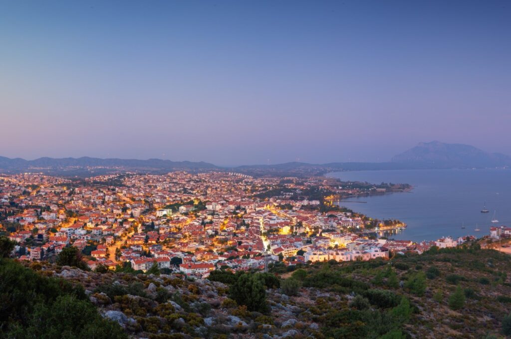 An aerial view of the scenic seaside town of Datça, Reşadiye Peninsula, Türkiye.