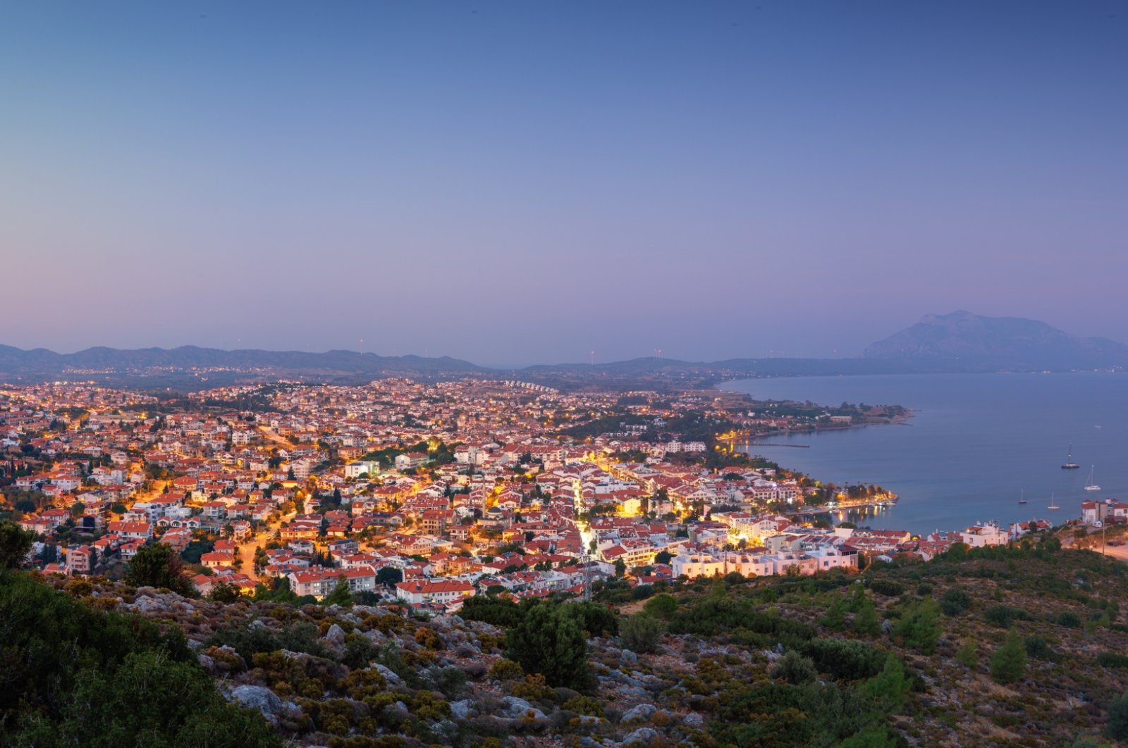 An aerial view of the scenic seaside town of Datça, Reşadiye Peninsula, Türkiye.