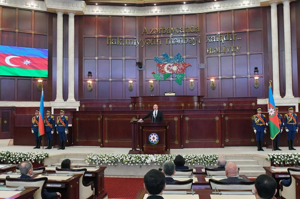 Re-elected Azeri President Ilham Aliyev (C) attends his inauguration ceremony at the parliament, Baku, Azerbaijan, Feb. 14, 2024. (AFP Photo)