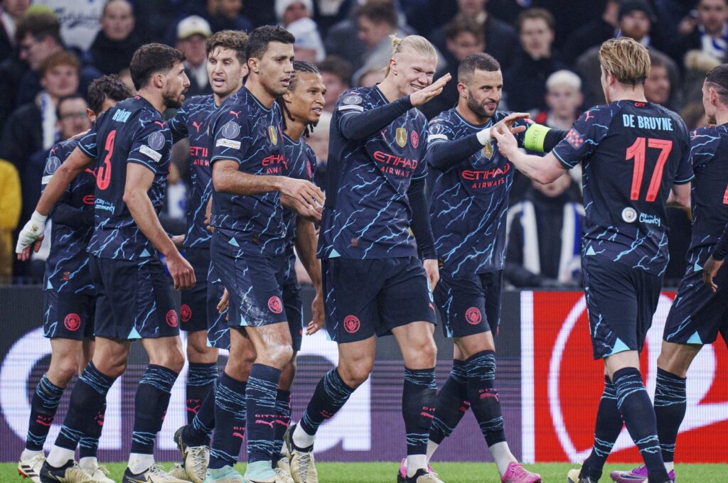 Manchester City players celebrate their side's second goal during the Champions League, round of 16 first leg match against Copenhagen, Copenhagen, Denmark, Feb. 13, 2024. (AP Photo)