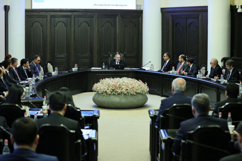 Armenian Prime Minister Nikol Pashinyan chairs a government meeting in Yerevan on Feb. 15, 2024. (AFP Photo / Armenian Government Handout)